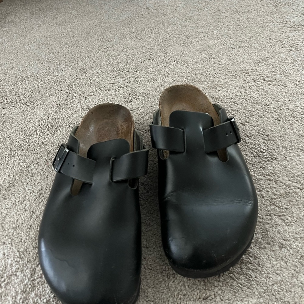 Birkenstock Boston Amalfi Leather Black Slip on Clogs 41 narrow